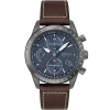 1513852 hugo boss watch men blue dial leather brown strap quartz battery analog chronograph pilot edition chrono