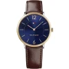 1710354 tommy hilfiger watch men blue dial leather brown strap quartz battery analog three hand ultra slim