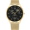 1710386 tommy hilfiger watch men black dial mesh metal stainless steel gold strap quartz battery analog three hand brad
