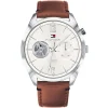 1791550 tommy hilfiger watch 1985 men silver dial leather brown strap quartz battery analog three hand deacan