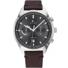 1791729 tommy hilfiger watch men dual time gray dial leather brown strap quartz battery analog bennett