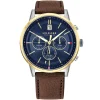1791980 tommy hilfiger watch established in 1985 dual time men blue dial leather brown strap quartz battery analog kyle