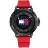 1792033 tommy hilfiger watch jeans men black dial rubber red strap quartz battery analog three hand houston