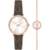 Mk1036 michael kors watch women bracelet gift set crystals white dial polyurethane chloride brown strap quartz battery analog three hand pyper
