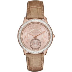 Mk2448 michael kors watch women crystals rose gold dial leather beige strap quartz battery analog three hand madelyn