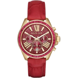 Mk2452 michael kors watch women crystals red dial leather strap quartz battery analog chronograph wren