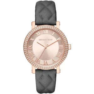 Mk2619 michael kors watch women crystals rose gold dial leather gray strap quartz battery analog three hand norie