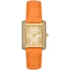 Mk2983 michael kors watch women crystals gold dial leather orange strap quartz battery square analog three hand emery