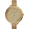 Mk3256 michael kors watch women crystals gold dial metal stainless steel golden strap quartz battery analog three hand runway slim