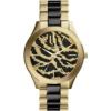 Mk3315 michael kors watch women crystals black gold dial metal stainless steel golden strap quartz battery analog three hand runway slim