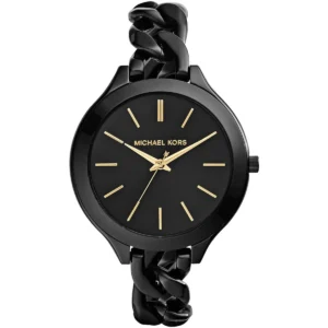 Mk3317 michael kors watch women black dial metal stainless steel strap quartz battery analog three hand runway slim