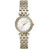 Mk3323 michael kors watch women silver dial metal stainless steel gold two tone strap quartz battery analog three hand darci petite