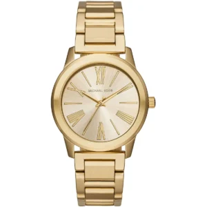Mk3490 michael kors watch women gold dial metal stainless steel golden strap quartz battery analog three hand hartman