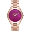 Mk3550 michael kors watch women mother of pearl pink dial metal stainless steel rose gold strap quartz battery analog three hand runway slim