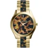 Mk4284 michael kors watch women tortoise brown dial multi gold strap quartz battery analog three hand runway slim