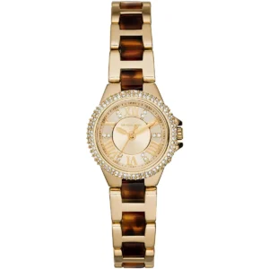 Mk4291 michael kors watch women crystals gold dial multi golden brown strap quartz battery analog three hand camille petite