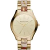 Mk4300 michael kors watch women gold dial multi golden beige strap quartz battery analog three hand runway slim