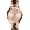 Mk4301 michael kors watch women rose gold dial multi brown strap quartz battery analog three hand runway slim