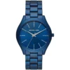 Mk4503 michael kors watch women blue dial metal stainless steel strap quartz battery analog three hand runway slim