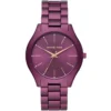 Mk4507 michael kors watch women purple dial metal stainless steel strap quartz battery analog three hand runway slim