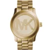 Mk5473 michael kors watch women mk logo gold dial metal stainless steel golden strap quartz battery analog three hand runway xl