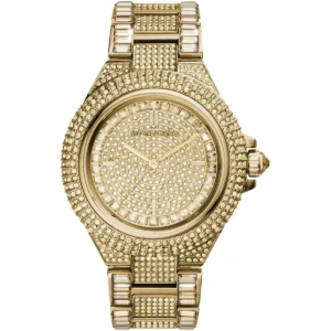 Mk5720 michael kors watch women crystals gold dial metal stainless steel golden strap quartz battery analog three hand camille
