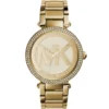 Mk5784 michael kors watch women mk logo crystals gold dial metal stainless steel golden strap quartz battery analog three hand parker