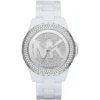 Mk5816 michael kors watch women mk logo crystals silver dial plastic white strap quartz battery analog three hand madison
