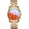Mk5939 michael kors watch women pink dial metal stainless steel gold strap quartz battery analog chronograph runway