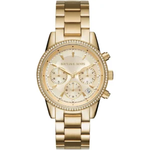 Mk6356 michael kors watch women gold dial metal stainless steel golden strap quartz battery analog chronograph ritz