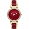 Mk6427 michael kors watch women mother of pearl crystals red dial metal stainless steel gold strap quartz battery analog three hand parker