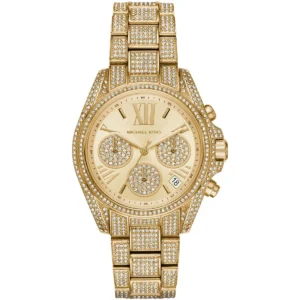 Mk6494 michael kors watch women crystals gold dial metal stainless steel golden strap quartz battery analog chronograph bradshaw