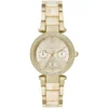 Mk6833 michael kors watch women crystals gold dial multi golden beige strap quartz battery analog three hand parker