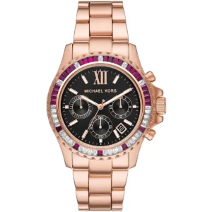 Mk6972 michael kors watch women crystals black dial metal stainless steel rose gold strap quartz battery analog chronograph everest
