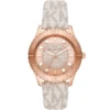 Mk6980 michael kors watch women crystals rose gold dial polyurethane chloride white strap quartz battery analog three hand runway