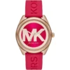 Mk7142 michael kors watch women mk logo pink dial rubber strap quartz battery analog three hand janelle
