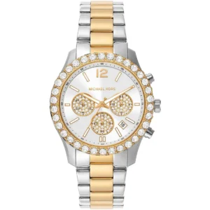 Mk7415 michael kors watch women crystals white dial metal stainless steel silver gold two tone strap quartz battery analog chronograph everest