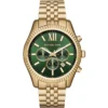 Mk8446 michael kors watch men green dial metal stainless steel gold strap quartz battery analog chronograph lexington