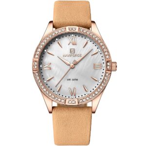 Nf5038 rg w naviforce watch wr 3atm women mother of pearl white dial leather brown strap quartz battery analog three hand for dream