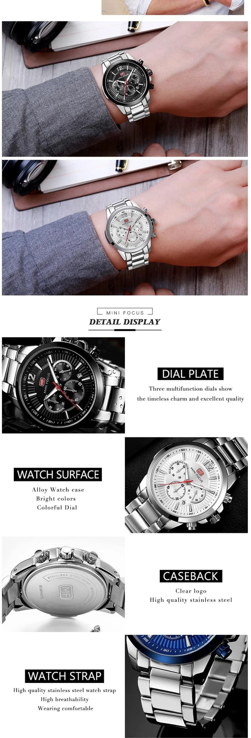 mf0087g mini focus watch for men black dial stainless steel metal silver strap quartz battery analog chronograph 10