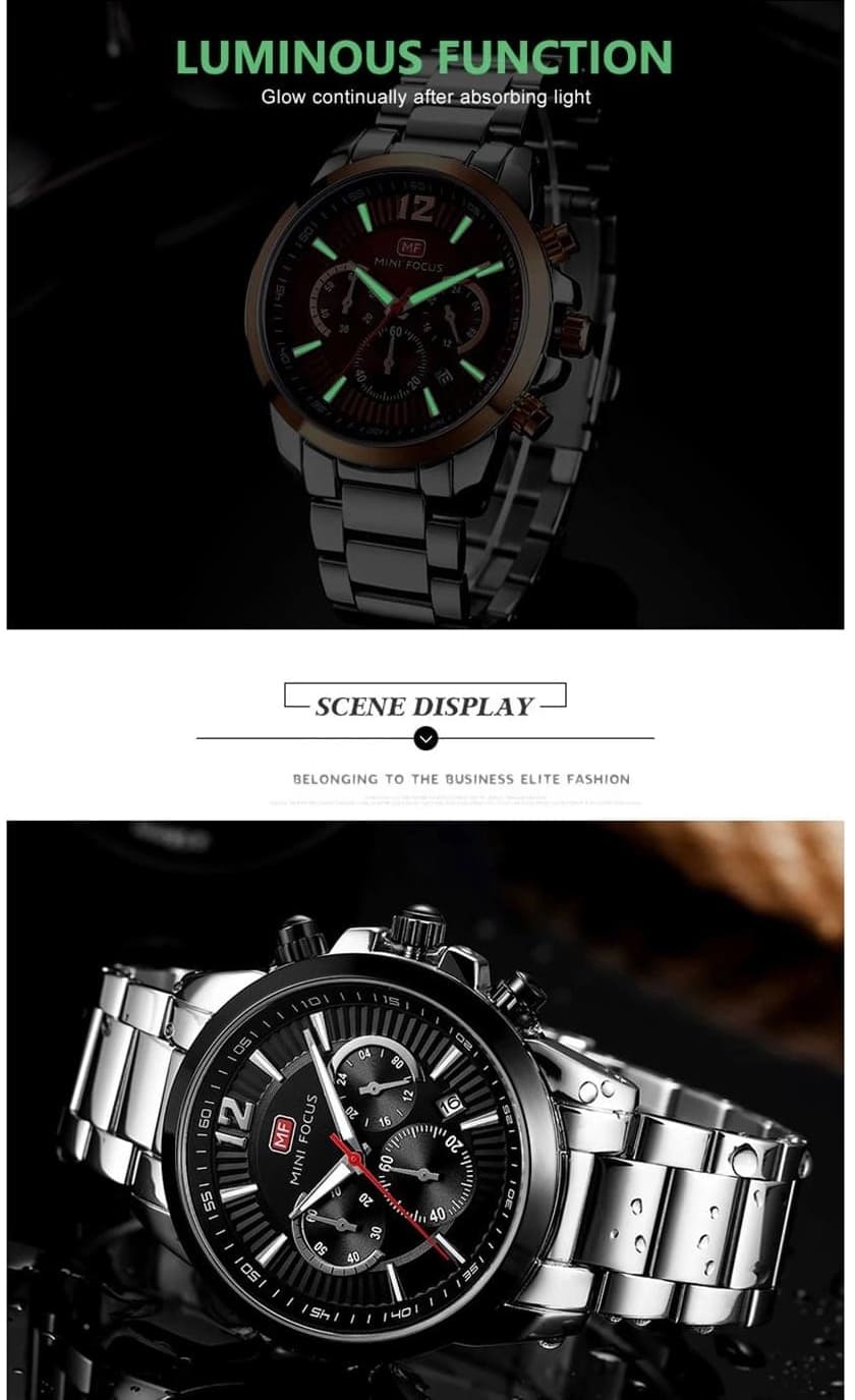 mf0087g mini focus watch for men black dial stainless steel metal silver strap quartz battery analog chronograph 11