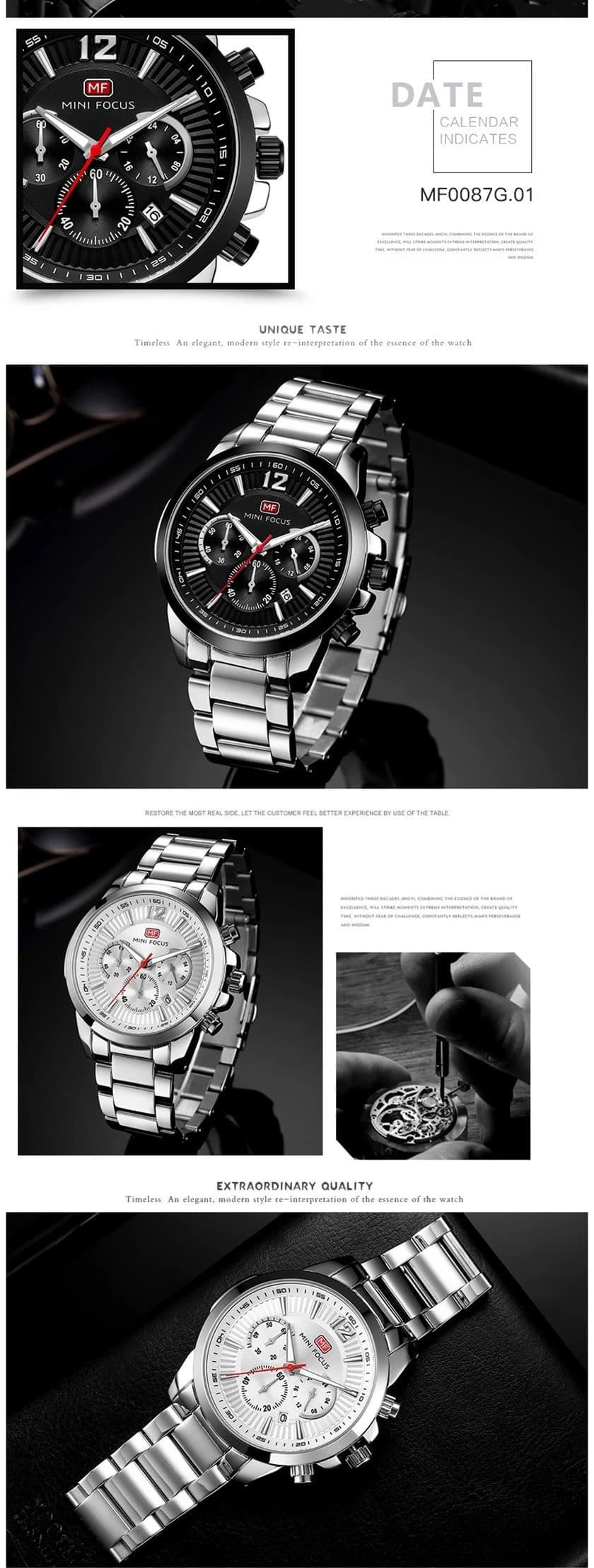 mf0087g mini focus watch for men black dial stainless steel metal silver strap quartz battery analog chronograph 12