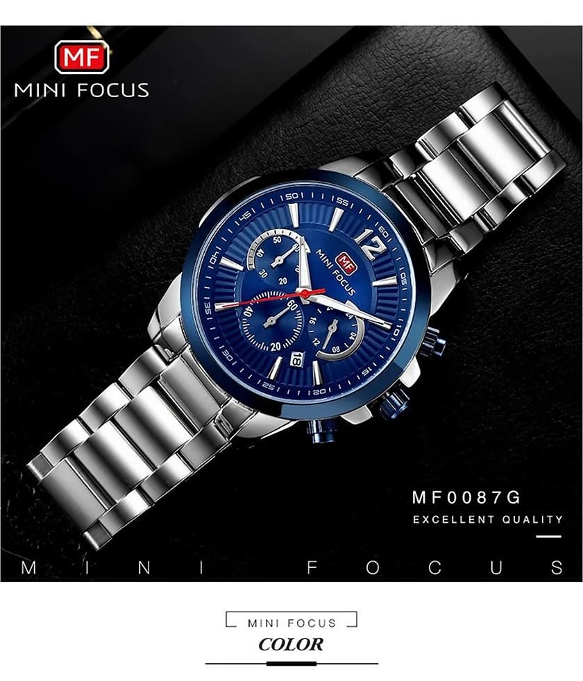 mf0087g mini focus watch for men black dial stainless steel metal silver strap quartz battery analog chronograph 6
