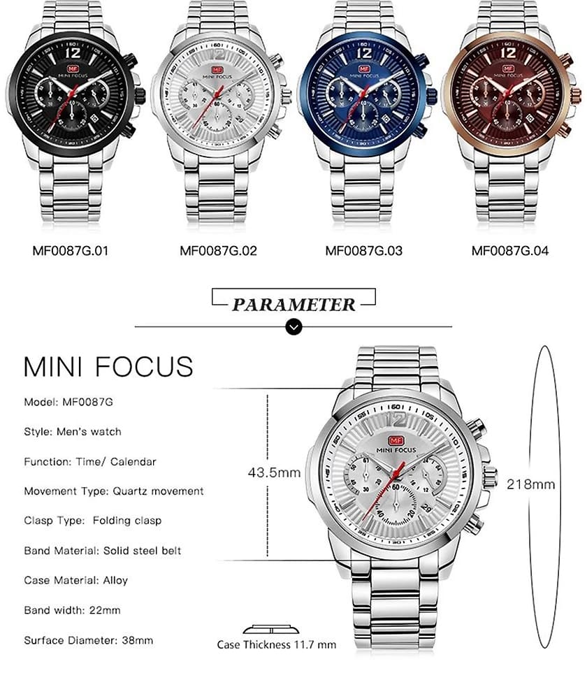 mf0087g mini focus watch for men black dial stainless steel metal silver strap quartz battery analog chronograph 7