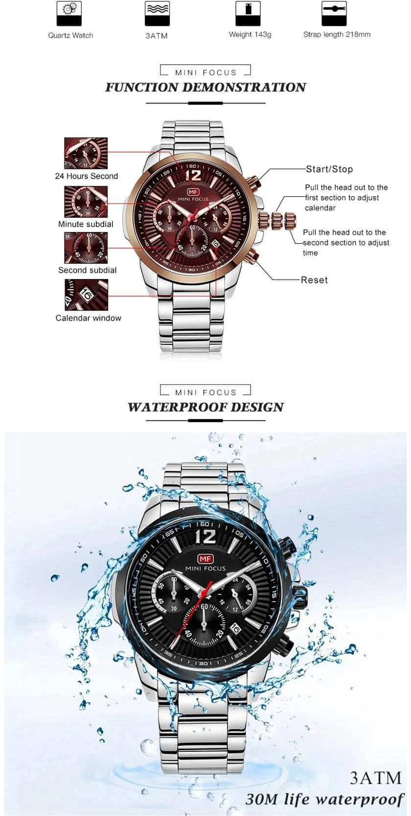 mf0087g mini focus watch for men black dial stainless steel metal silver strap quartz battery analog chronograph 8