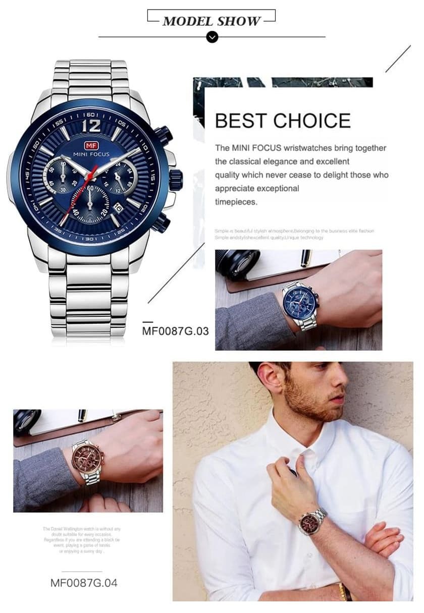 mf0087g mini focus watch for men black dial stainless steel metal silver strap quartz battery analog chronograph 9