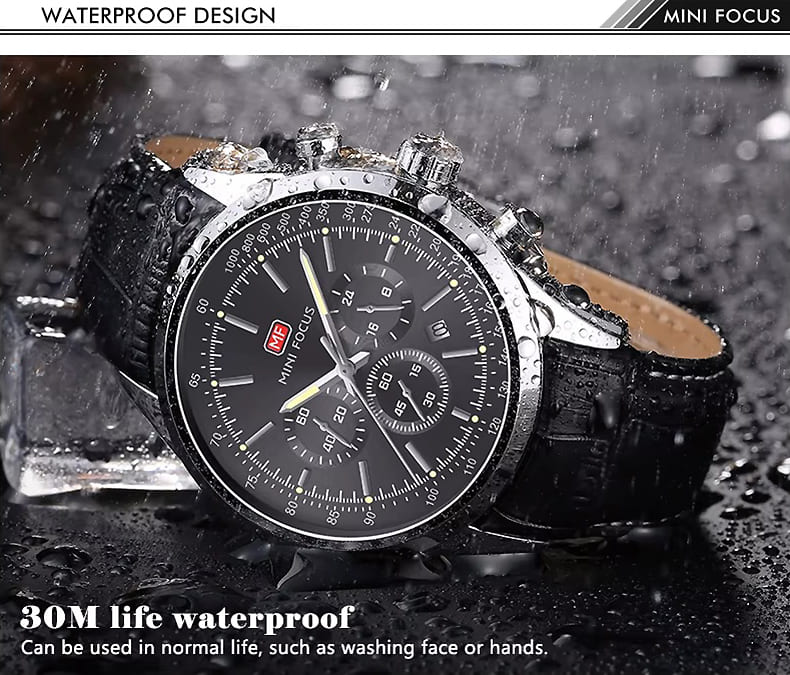 mf0116g mini focus watch for men black dial leather strap quartz battery analog chronograph 11