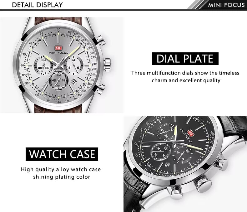 mf0116g mini focus watch for men black dial leather strap quartz battery analog chronograph 14