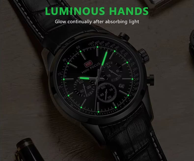 mf0116g mini focus watch for men black dial leather strap quartz battery analog chronograph 16