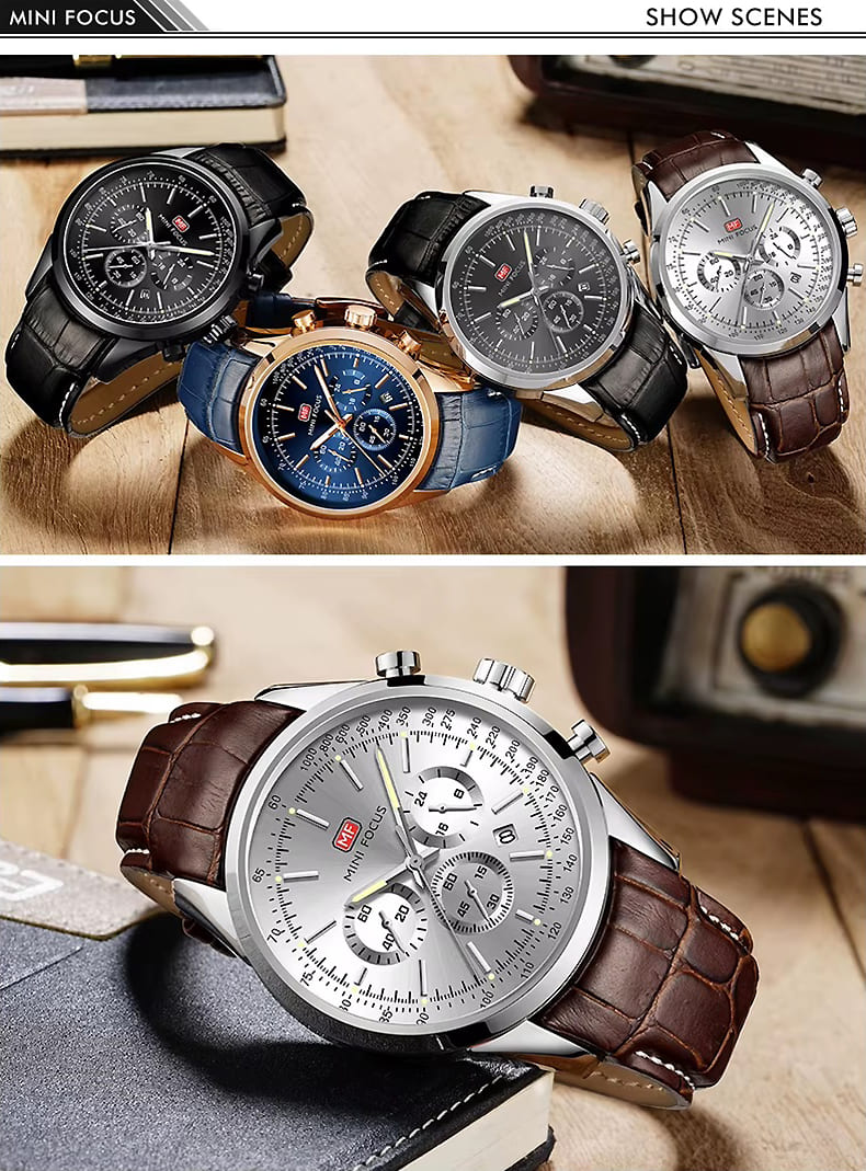 mf0116g mini focus watch for men black dial leather strap quartz battery analog chronograph 17